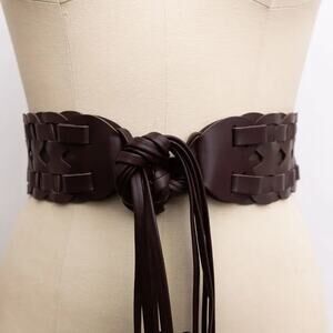 Wide Woven Vegan Leather Belt - Dark Brown Tie-Up Waist Belt